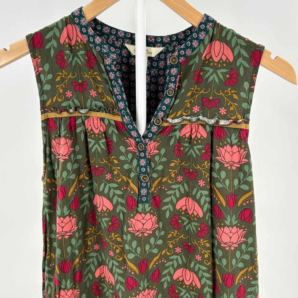 Matilda Jane Floral Henley Shift Dress Green Pink Eyelet Lace Hem Sleeveless S - Picture 2 of 7